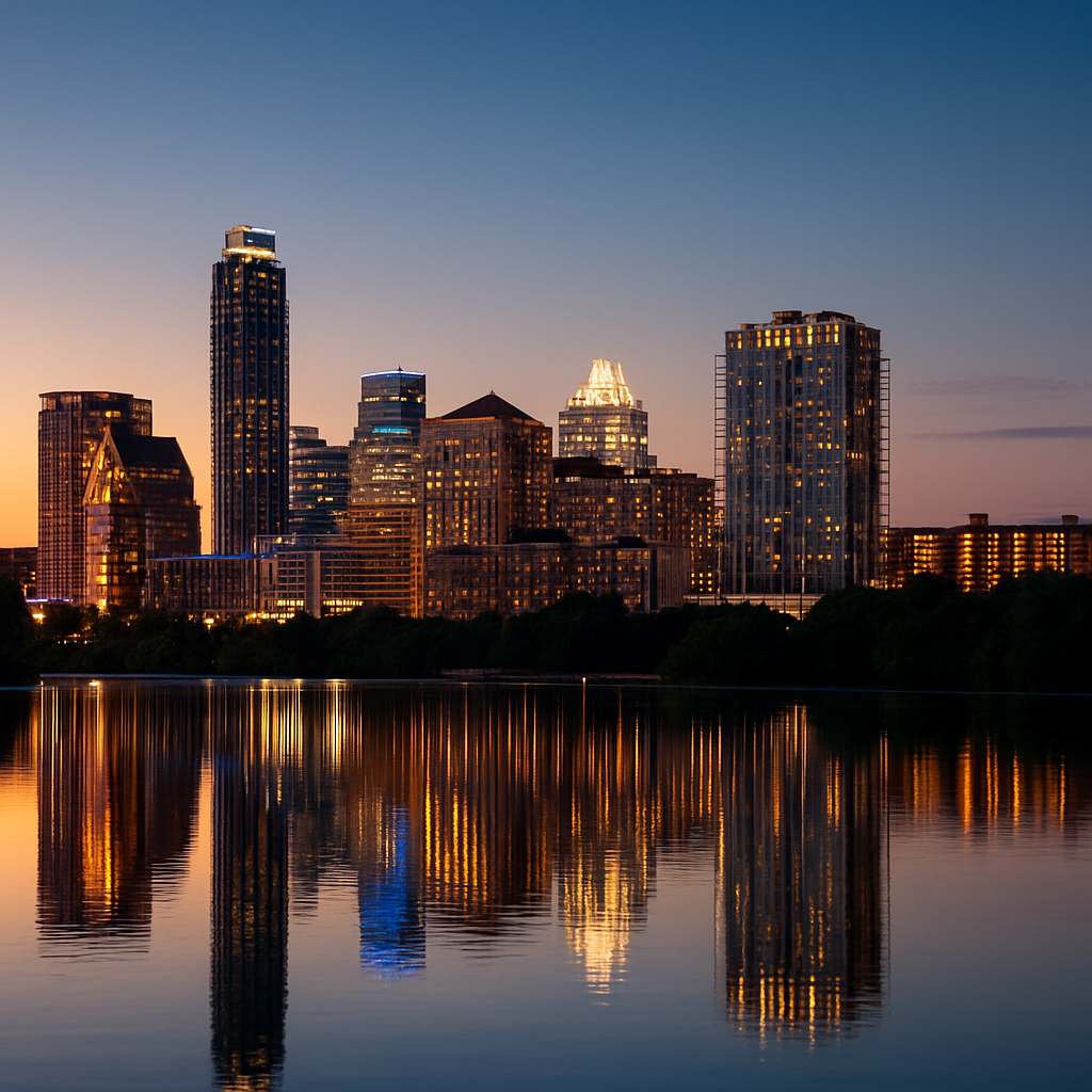 Austin, Texas downtown skyline at dusk reflecting on the water