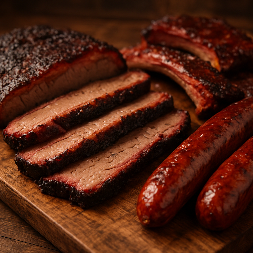 Platter of smoked Texas barbecue brisket, ribs, and sausage